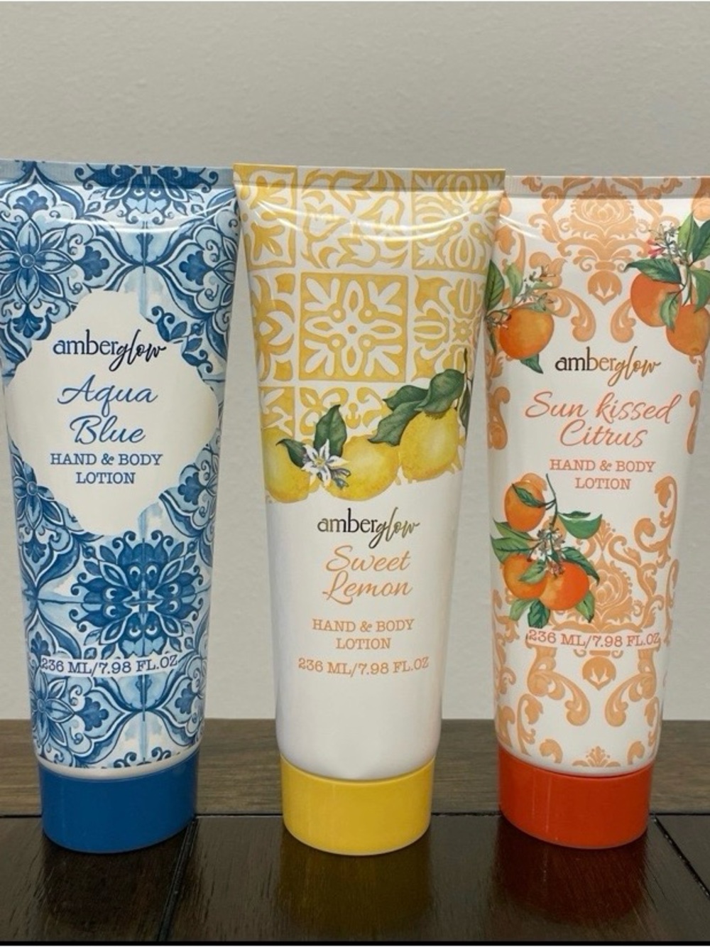 Amber Glow Body Lotion Trio Set - Aqua Blue Sunset Lemon & Sun Kissed Citrus